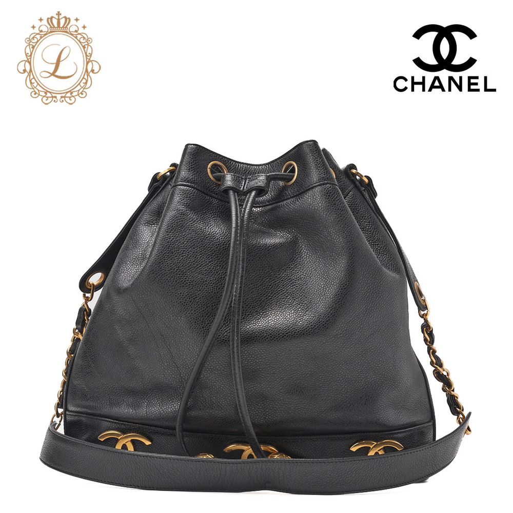 Chanel Triple Coco Chain Shoulder Bag Caviar Leather Drawstring Black